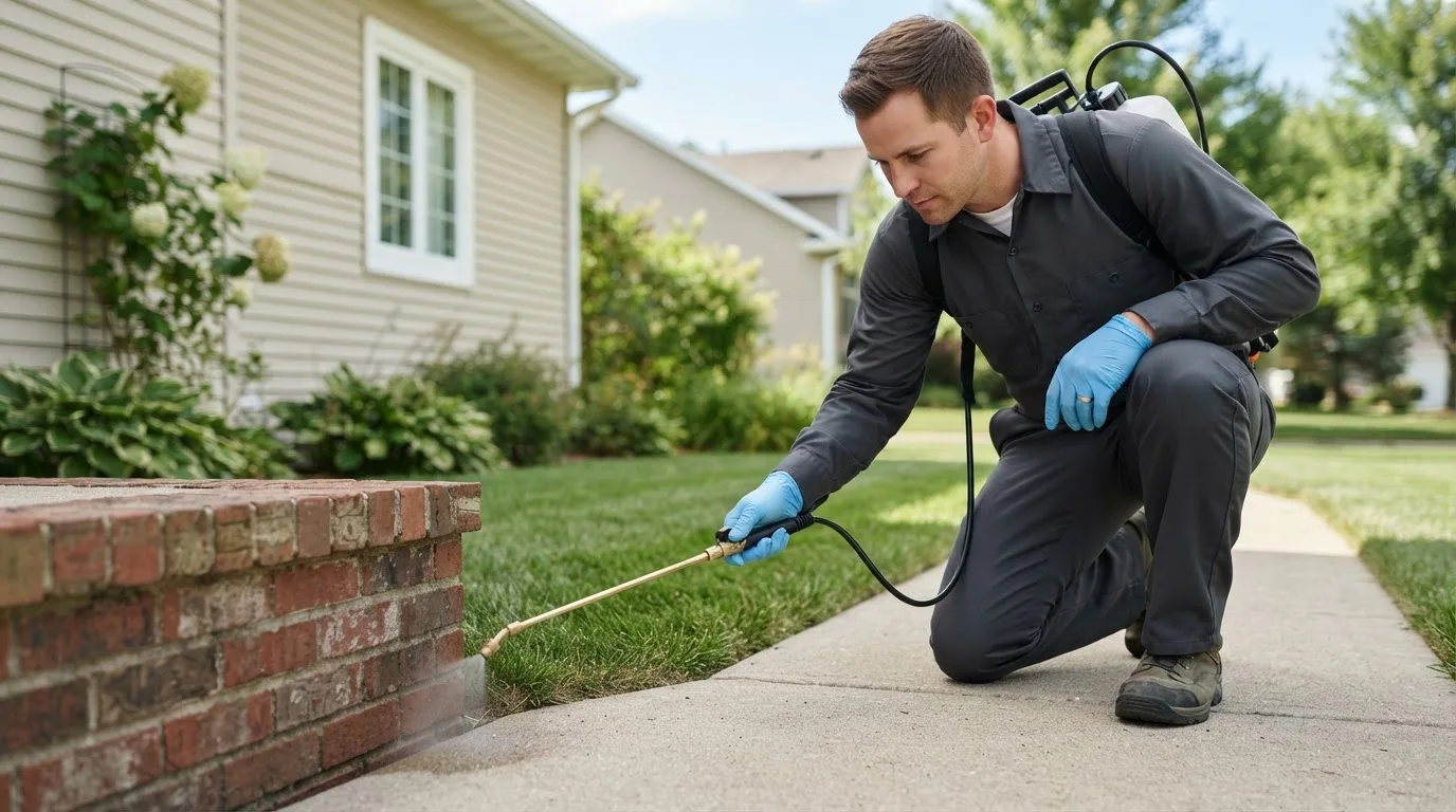 Pest control technician treating a home near West Kingston, RI